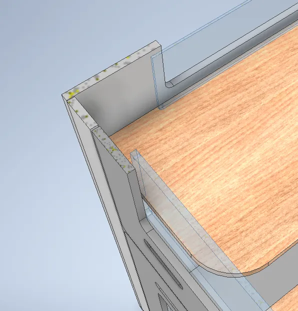 Concept rendering showing clear panel, upper opening and shelf details in a custom cat enclosure