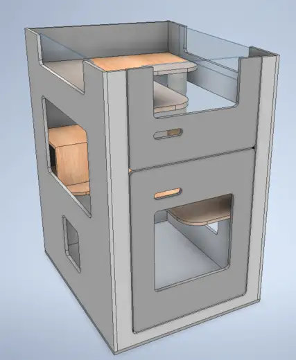 Concept rendering of a complete custom cat enclosure with access doors and internal platforms