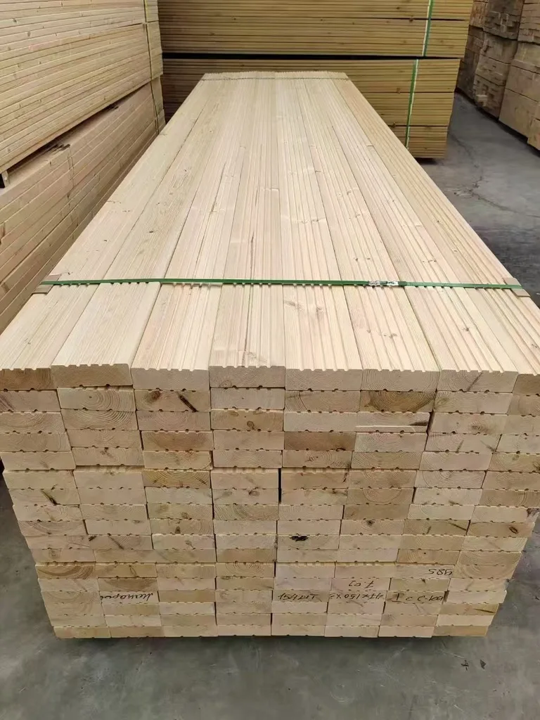 Pack of Siberian larch decking boards with strapping