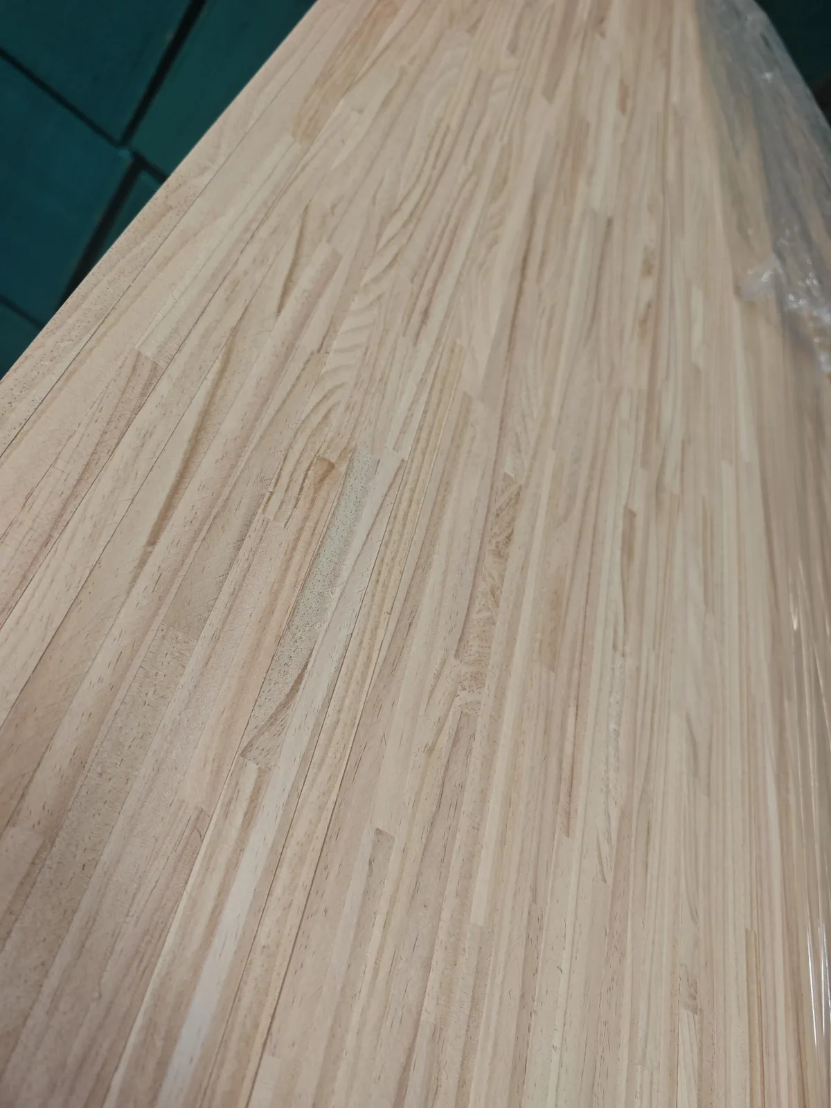 Close-up of pine finger joints and lamella construction