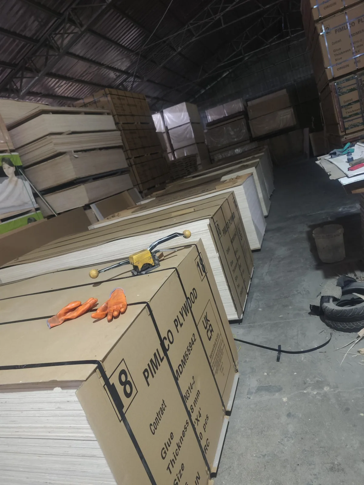 Rose eucalyptus faced plywood panels stacked for production