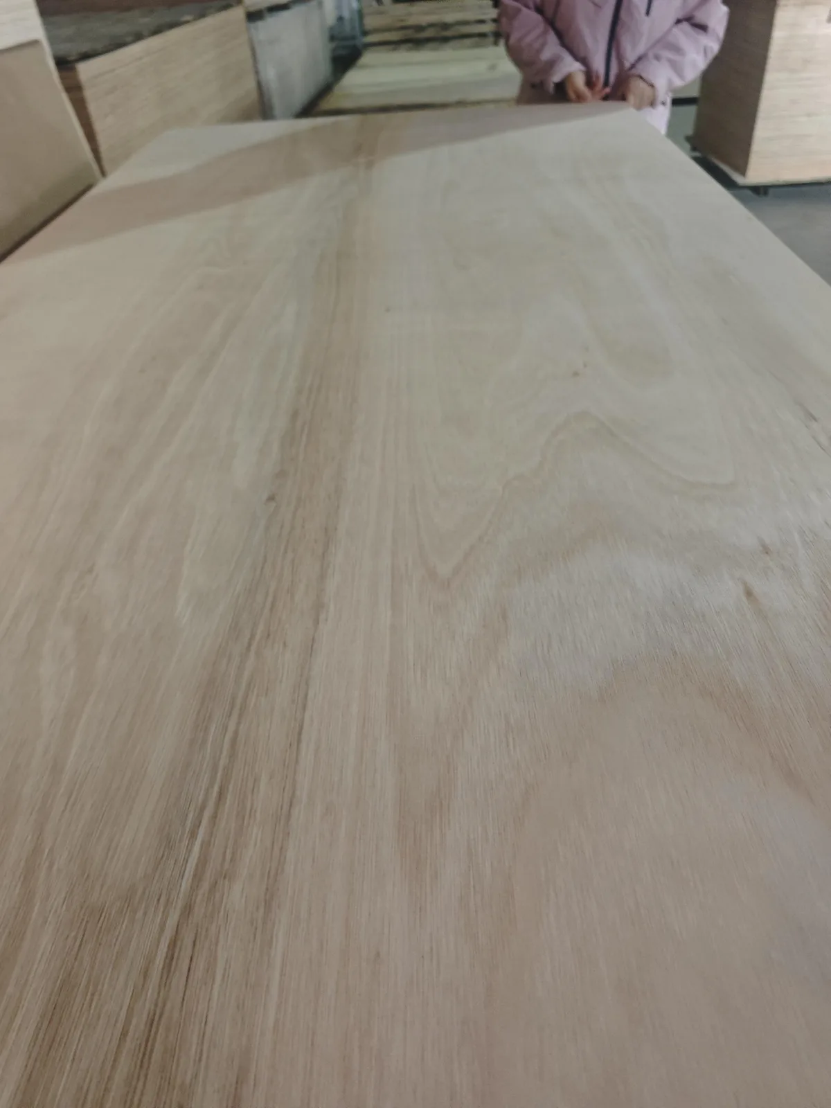 Rose eucalyptus faced plywood panels stacked for production