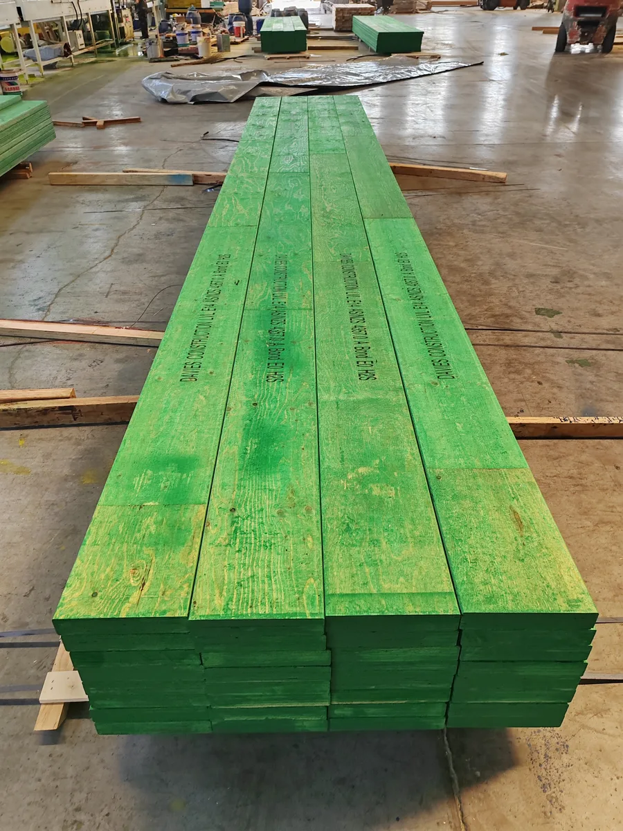 Structural LVL beam bundle in workshop